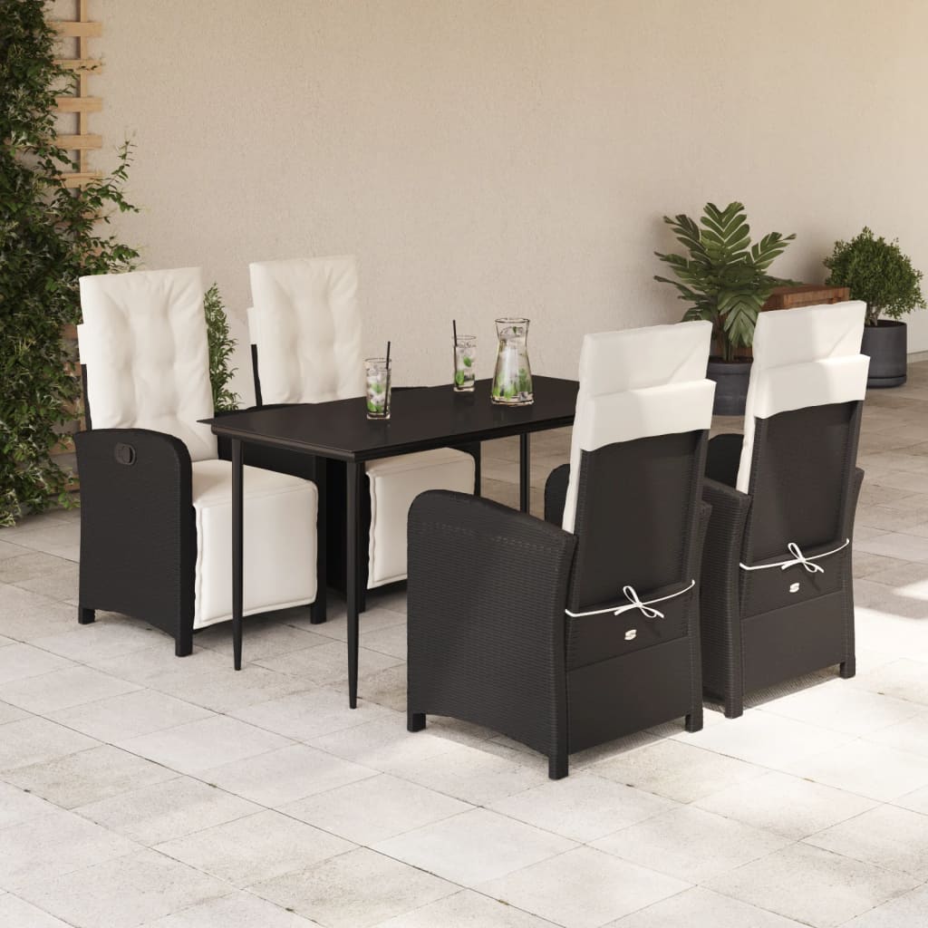 5-tlg. Garten-Essgruppe mit Kissen Schwarz Poly Rattan